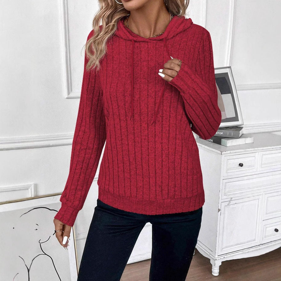 Casual Rib Sunken Stripe Pullover Hooded Long Sleeves Sweater