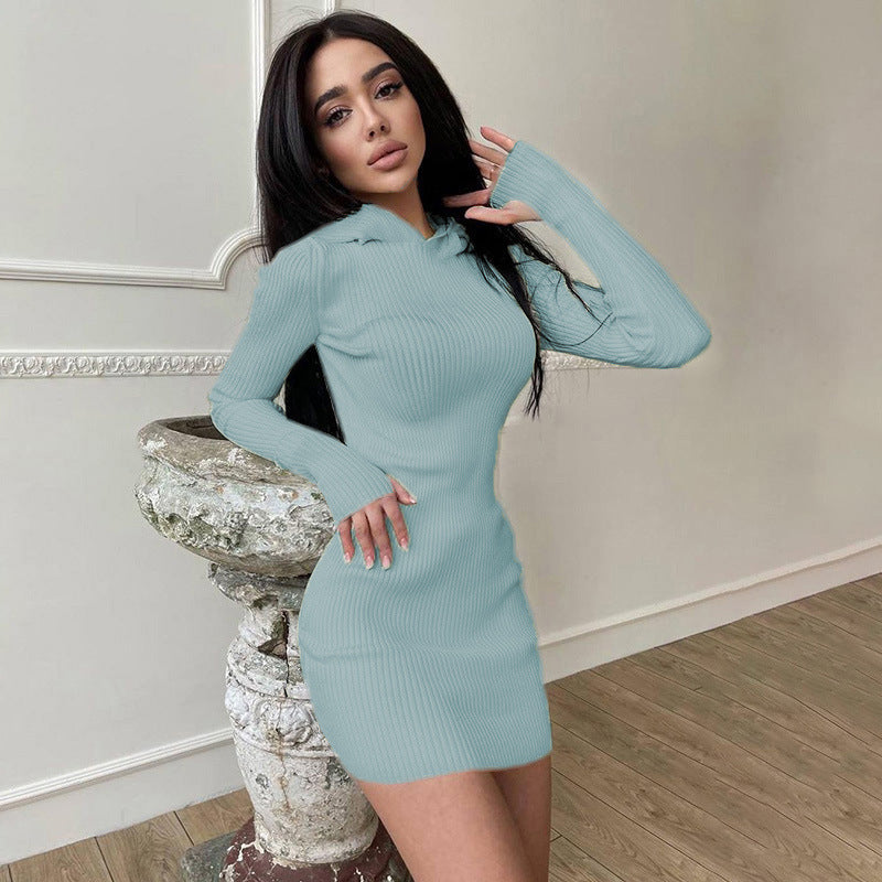 Hooded Long Sleeve Woolen Dress Women