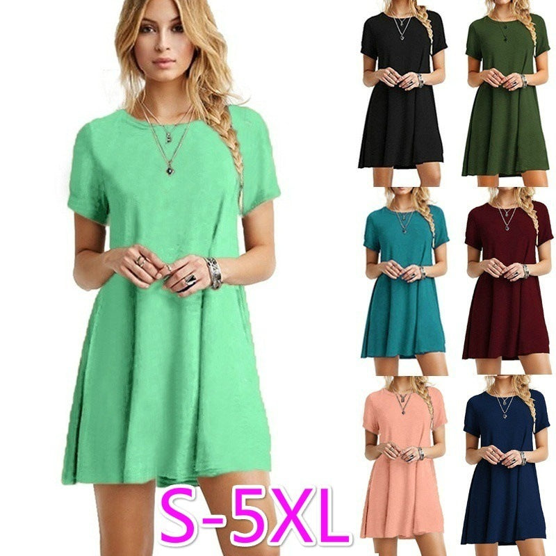 Summer short sleeve loose plus size solid color dress