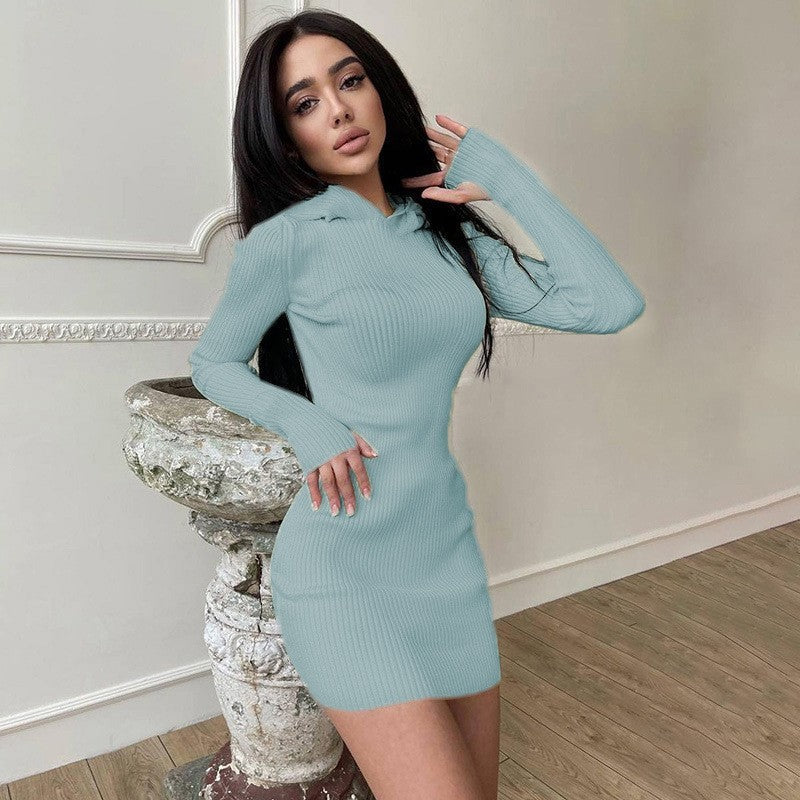 Hooded Long Sleeve Woolen Dress Women