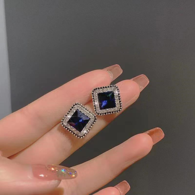 Korean Fashion Blue Diamond Square Minimalist Temperament Personality Square Earrings For Women