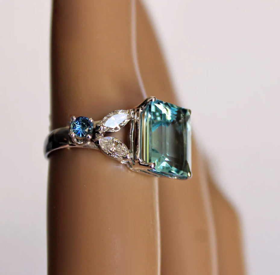 Water Blue Cutting Square Simple Exquisite Women's Ring