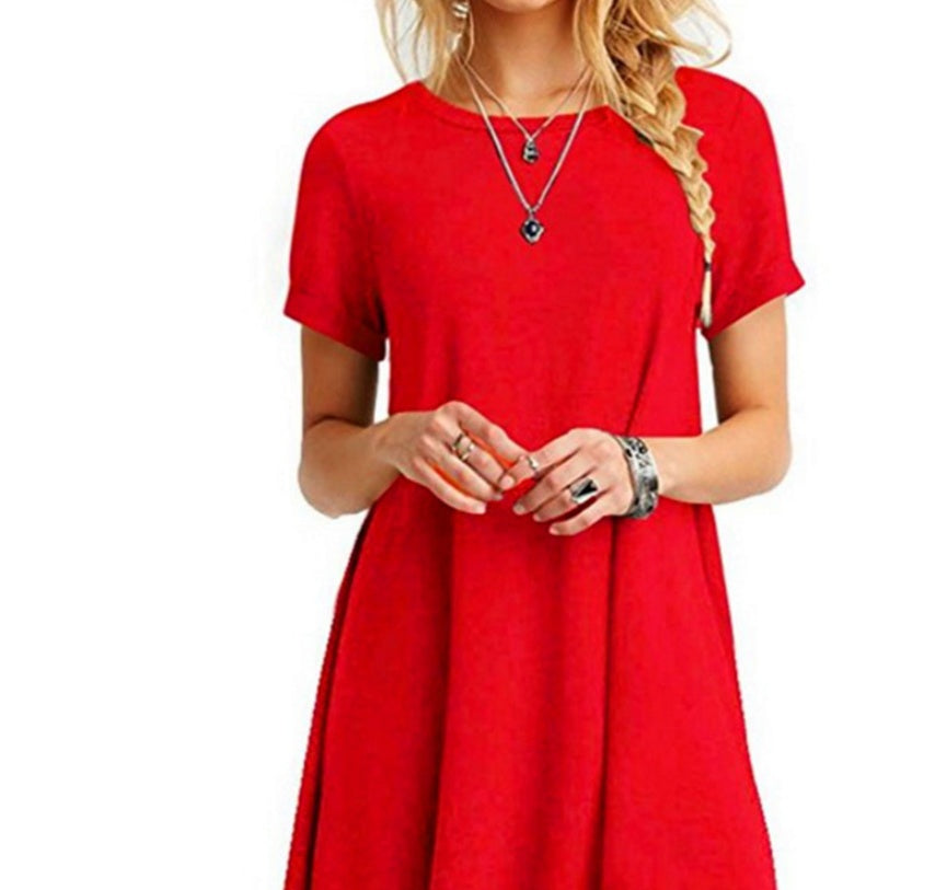 Summer short sleeve loose plus size solid color dress
