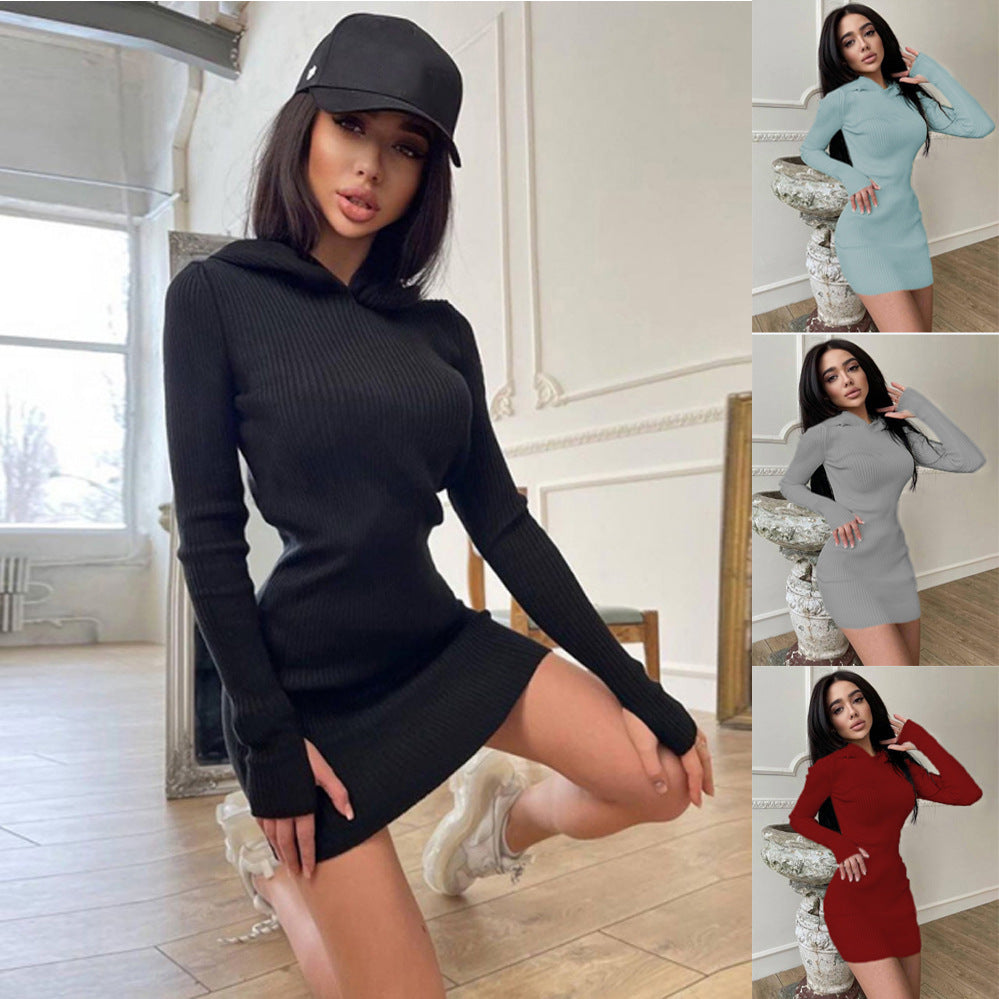Hooded Long Sleeve Woolen Dress Women