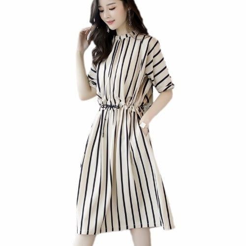 Slim Skirt With Vertical Stripes And Five-point Sleeve Slim Dress