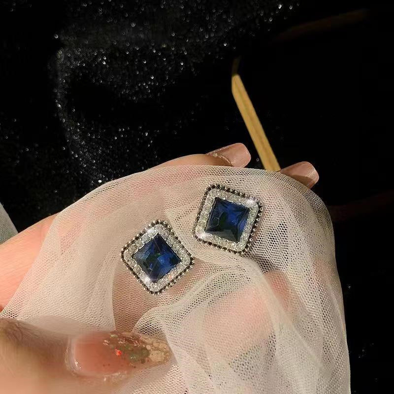 Korean Fashion Blue Diamond Square Minimalist Temperament Personality Square Earrings For Women