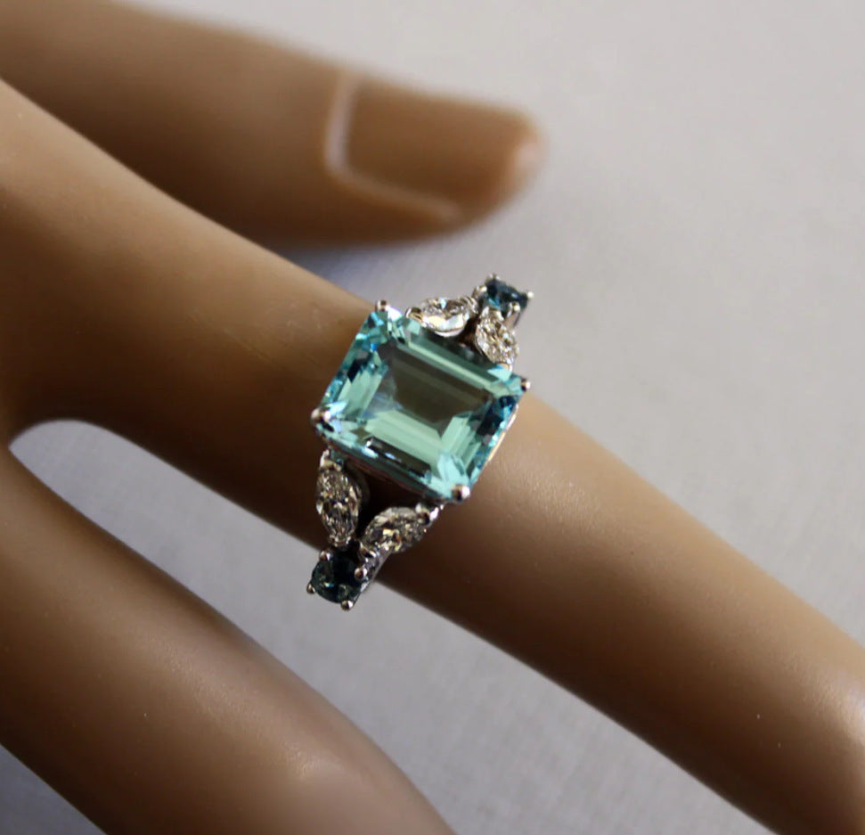 Water Blue Cutting Square Simple Exquisite Women's Ring