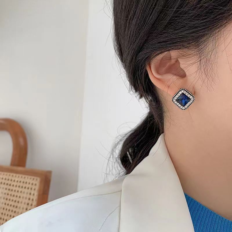 Korean Fashion Blue Diamond Square Minimalist Temperament Personality Square Earrings For Women