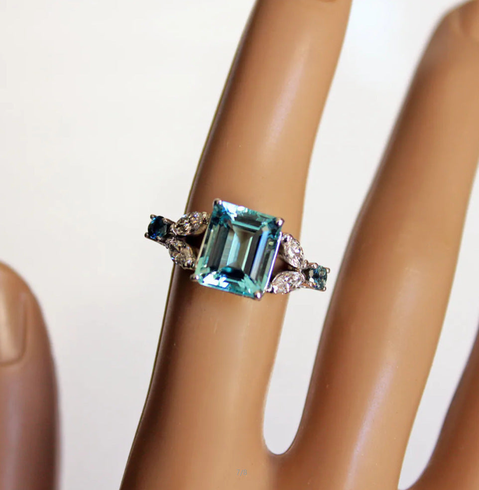 Water Blue Cutting Square Simple Exquisite Women's Ring