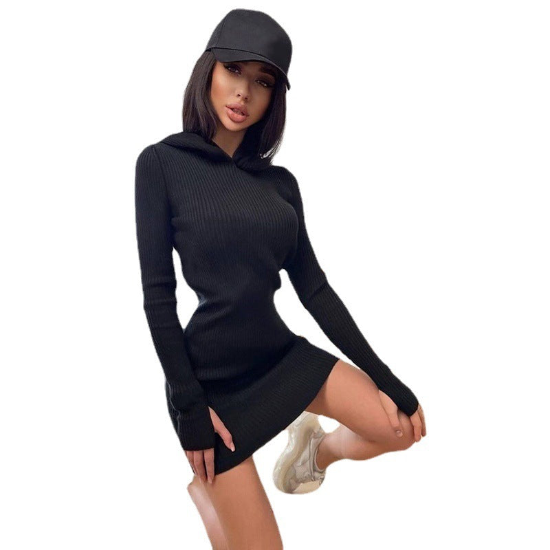 Hooded Long Sleeve Woolen Dress Women